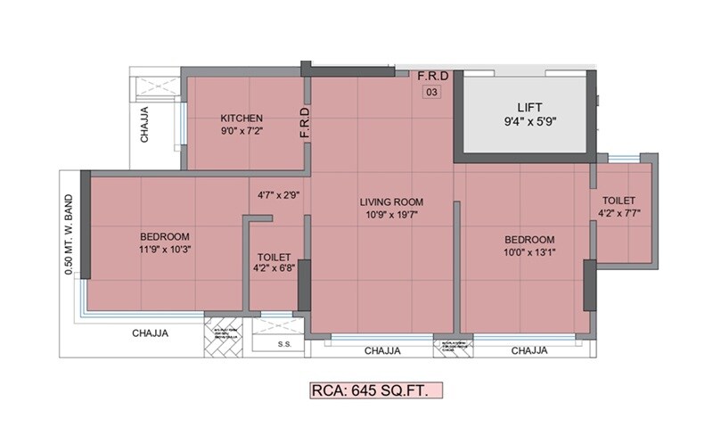 Floor plan of 2 BHK 645 Sq. Ft. Apartment in Majestic Park West, Mumbai