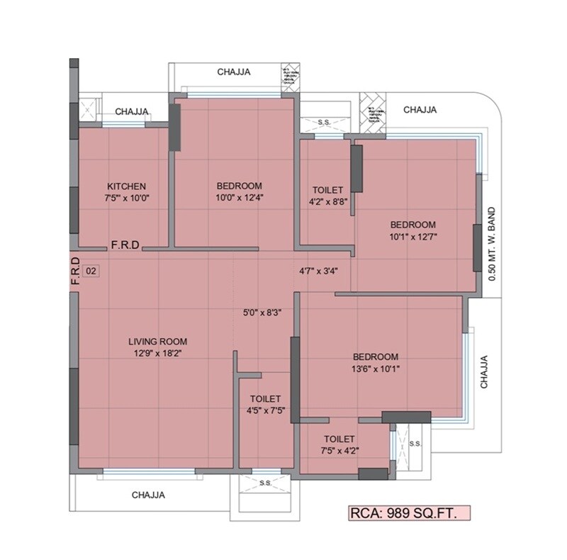 Floor plan of 3 BHK 989 Sq. Ft. Apartment in Majestic Park West, Mumbai