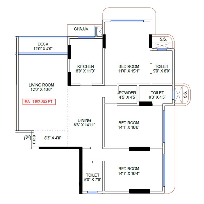 Floor plan of 3 BHK 1193 Sq. Ft. Apartment in Majestic Sarayu Sabari, Mumbai