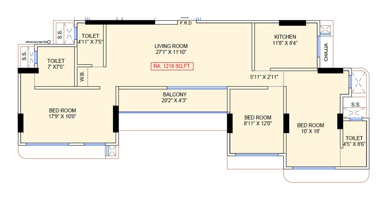 Floor plan of 3 BHK 1218 Sq. Ft. Apartment in Majestic Sarayu Sabari, Mumbai
