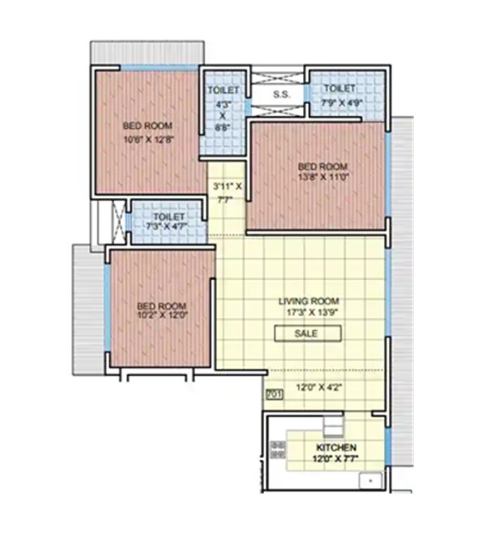 Floor plan of 3 BHK 1052 Sq. Ft. Apartment in Majestic Shreyas CHS, Mumbai