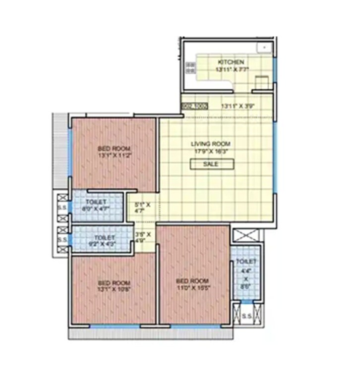 Floor plan of 3 BHK 1107 Sq. Ft. Apartment in Majestic Shreyas CHS, Mumbai