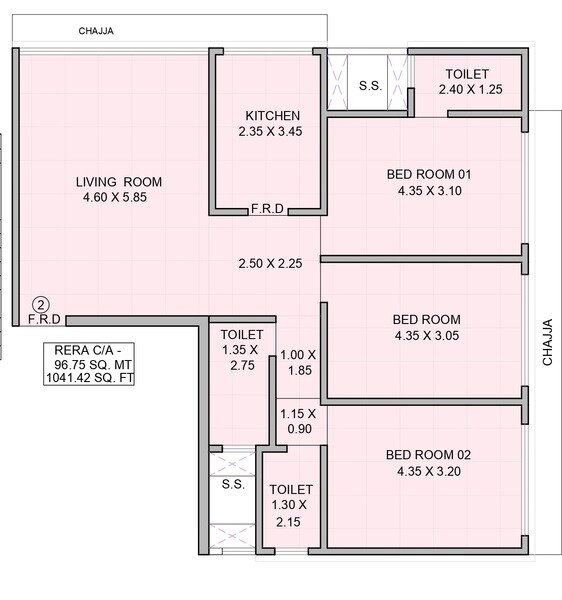 Floor plan of 3 BHK 1041 Sq. Ft. Apartment in Majestic Sriniketan, Mumbai