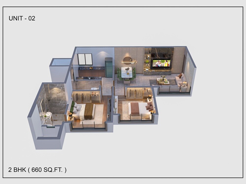 Floor plan of 2 BHK 660 Sq. Ft. Apartment in Majestic Vista, Mumbai