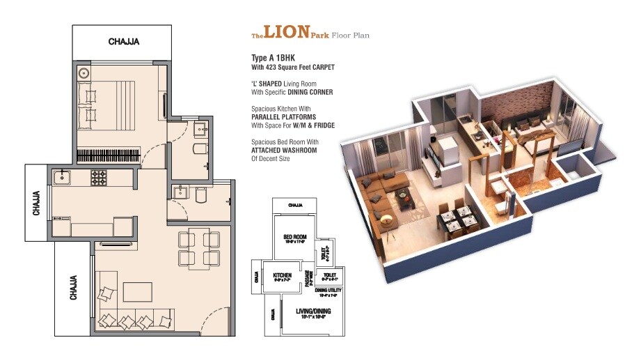 Floor plan of 1 BHK 423 Sq. Ft. Apartment in Makwana The Lion Park, Mumbai