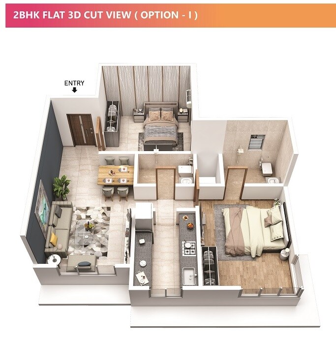Floor plan of 2 BHK 588 Sq. Ft. Apartment in Makwise Anuvidnyan Nagar CHS, Mumbai