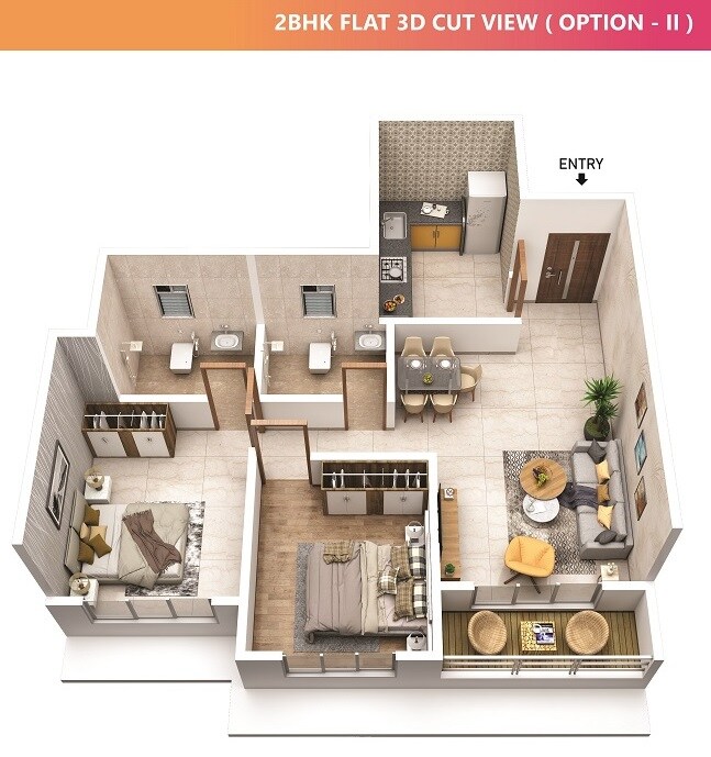 Floor plan of 2 BHK 673 Sq. Ft. Apartment in Makwise Anuvidnyan Nagar CHS, Mumbai