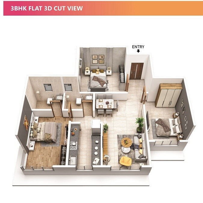 Floor plan of 3 BHK 841 Sq. Ft. Apartment in Makwise Anuvidnyan Nagar CHS, Mumbai