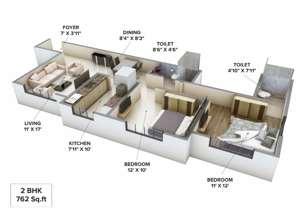 Floor plan of 2 BHK 762 Sq. Ft. Apartment in Malde Silver Scape, Mumbai
