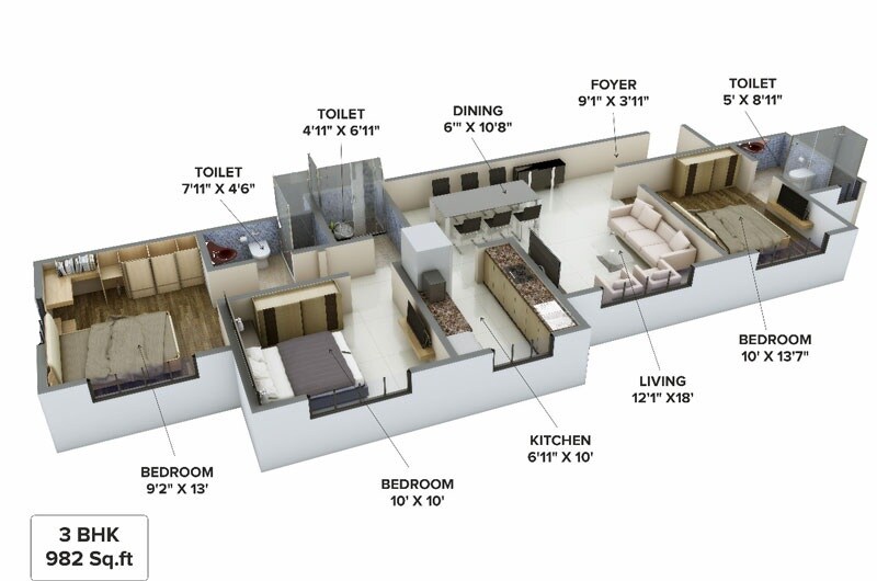 Floor plan of 3 BHK 982 Sq. Ft. Apartment in Malde Silver Scape, Mumbai