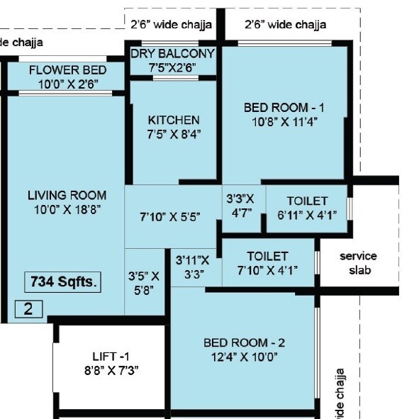 Floor plan of 2 BHK 734 Sq. Ft. Apartment in Mallhar Bhimashankar Heights, Mumbai