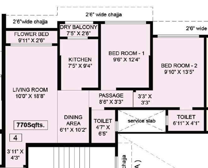 Floor plan of 2 BHK 770 Sq. Ft. Apartment in Mallhar Bhimashankar Heights, Mumbai