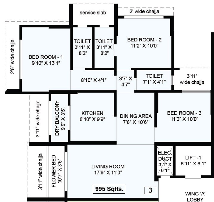 3 BHK 995 Sq. Ft. Apartment