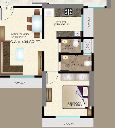 Floor plan of 1 BHK 343 Sq. Ft. Apartment in Mama Heights, Mumbai