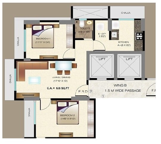 Floor plan of 2 BHK 556 Sq. Ft. Apartment in Mama Heights, Mumbai
