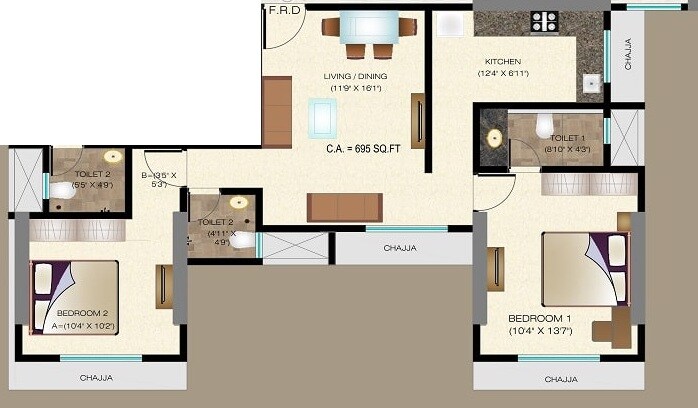 Floor plan of 2 BHK 695 Sq. Ft. Apartment in Mama Heights, Mumbai
