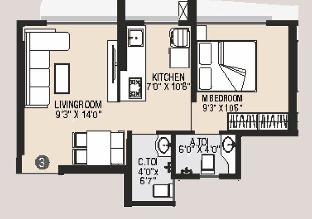 Floor plan of 1 BHK 252 Sq. Ft. Apartment in Mamtora Ascend Tower, Mumbai