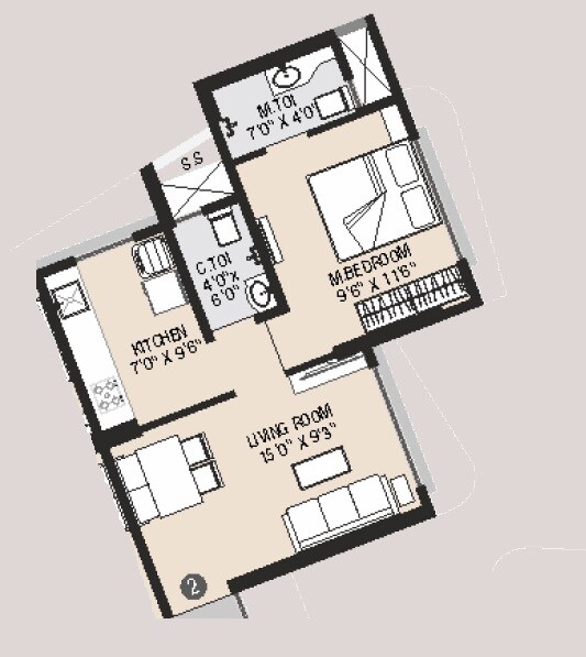 Floor plan of 1 BHK 399 Sq. Ft. Apartment in Mamtora Ascend Tower, Mumbai