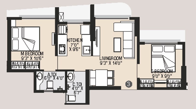 Floor plan of 2 BHK 450 Sq. Ft. Apartment in Mamtora Ascend Tower, Mumbai