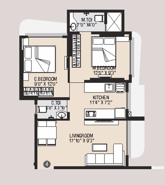 Floor plan of 2 BHK 555 Sq. Ft. Apartment in Mamtora Ascend Tower, Mumbai