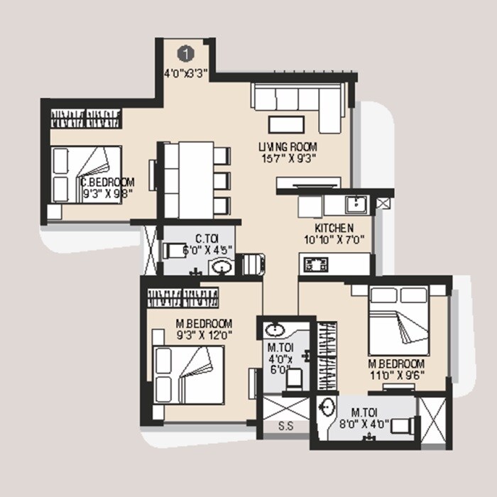 Floor plan of 3 BHK 690 Sq. Ft. Apartment in Mamtora Ascend Tower, Mumbai