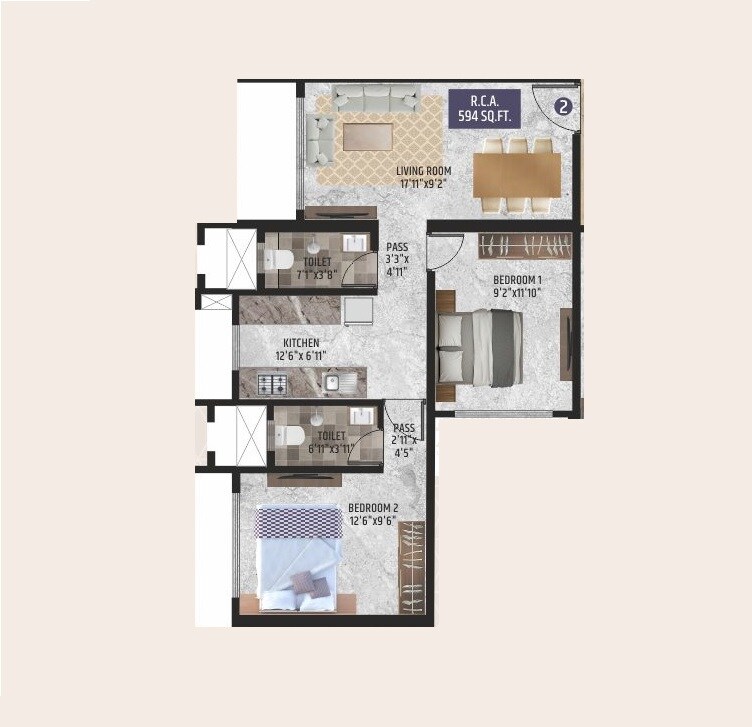 Floor plan of 2 BHK 595 Sq. Ft. Apartment in Mamtora Shree Vallabh, Mumbai