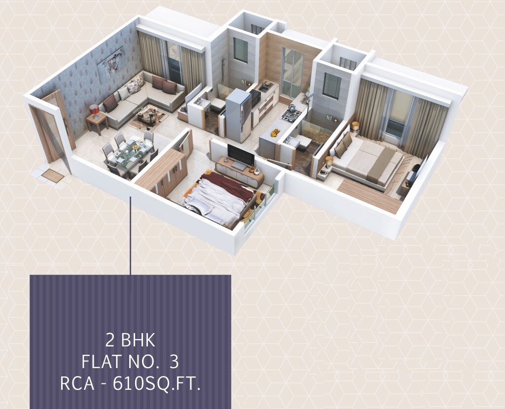 Floor plan of 2 BHK 610 Sq. Ft. Apartment in Mamtora Shree Vallabh, Mumbai