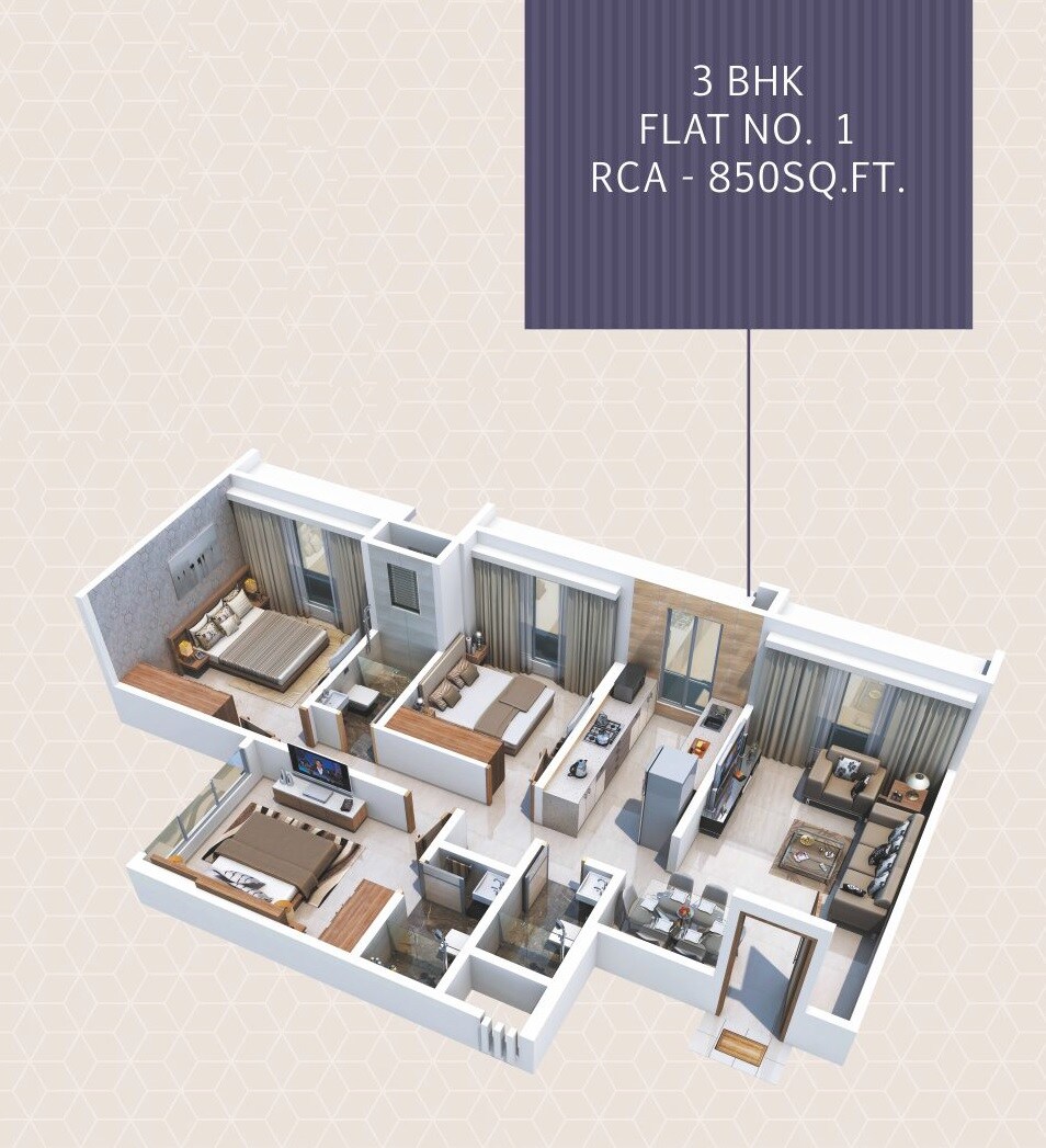 Floor plan of 3 BHK 850 Sq. Ft. Apartment in Mamtora Shree Vallabh, Mumbai