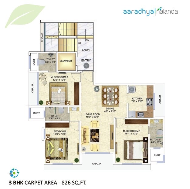 Floor plan of 3 BHK Apartment - 826 sq. ft. in Man Aaradhya Nalanda, Mumbai