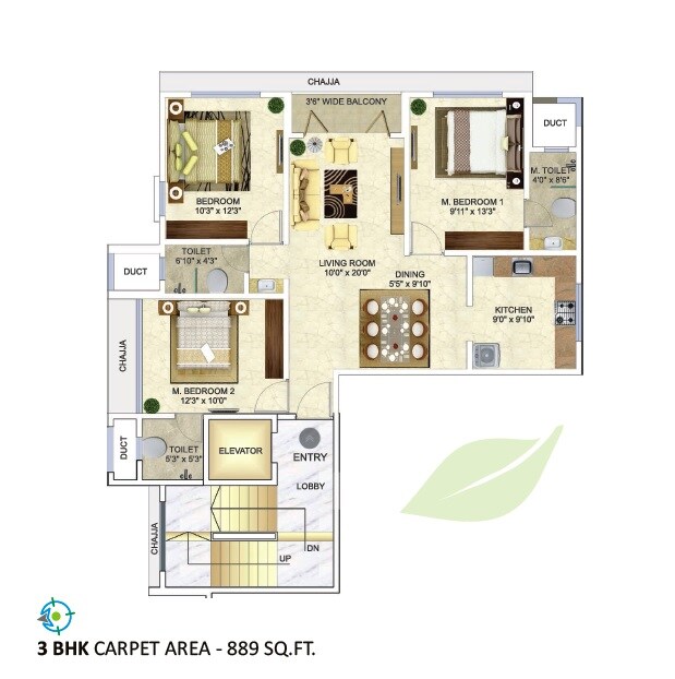 Floor plan of 3 BHK Apartment - 889 sq. ft. in Man Aaradhya Nalanda, Mumbai