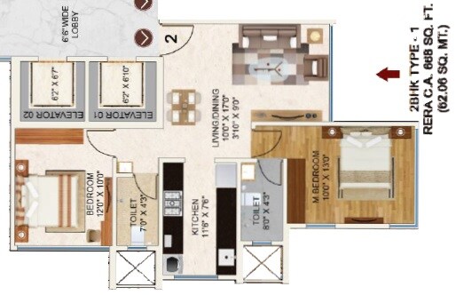 Floor plan of 2 BHK 668 Sq. Ft. Apartment in Man Aaradhya One, Mumbai