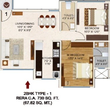 Floor plan of 2 BHK 730 Sq. Ft. Apartment in Man Aaradhya One, Mumbai