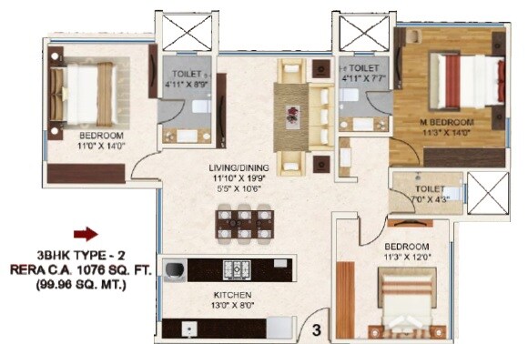 Floor plan of 3 BHK 1076 Sq. Ft. Apartment in Man Aaradhya One, Mumbai