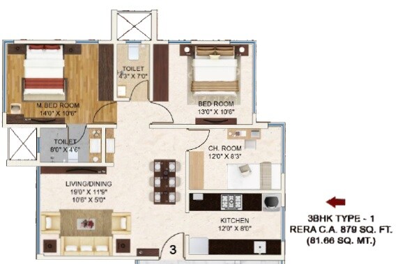Floor plan of 3 BHK 879 Sq. Ft. Apartment in Man Aaradhya One, Mumbai