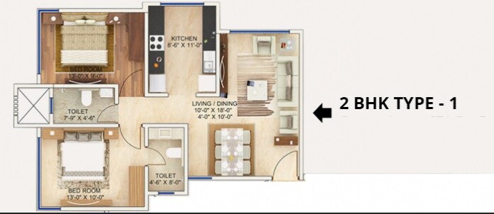 2 BHK 542 Sq. Ft. Apartment