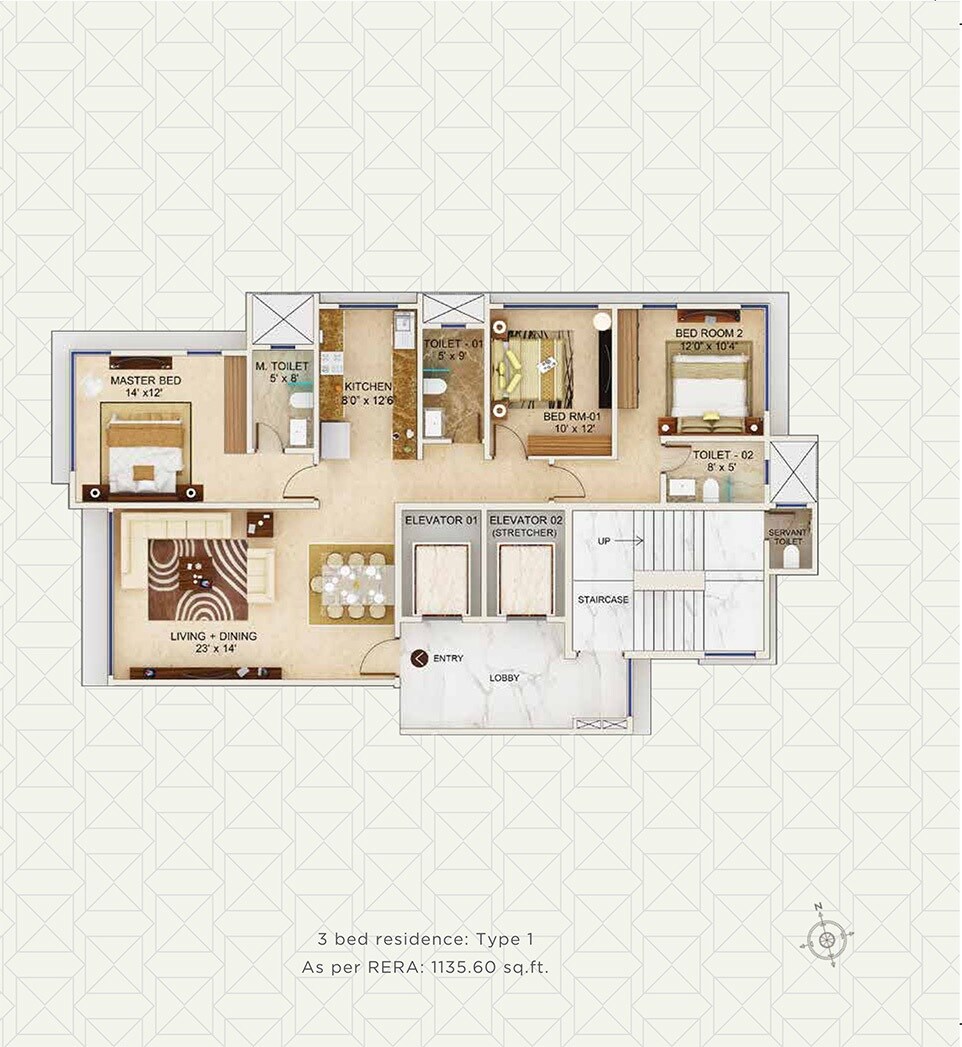 Floor plan of 3 BHK Apartment - 1135 sq. ft. in Man Aaradhya Signature, Mumbai