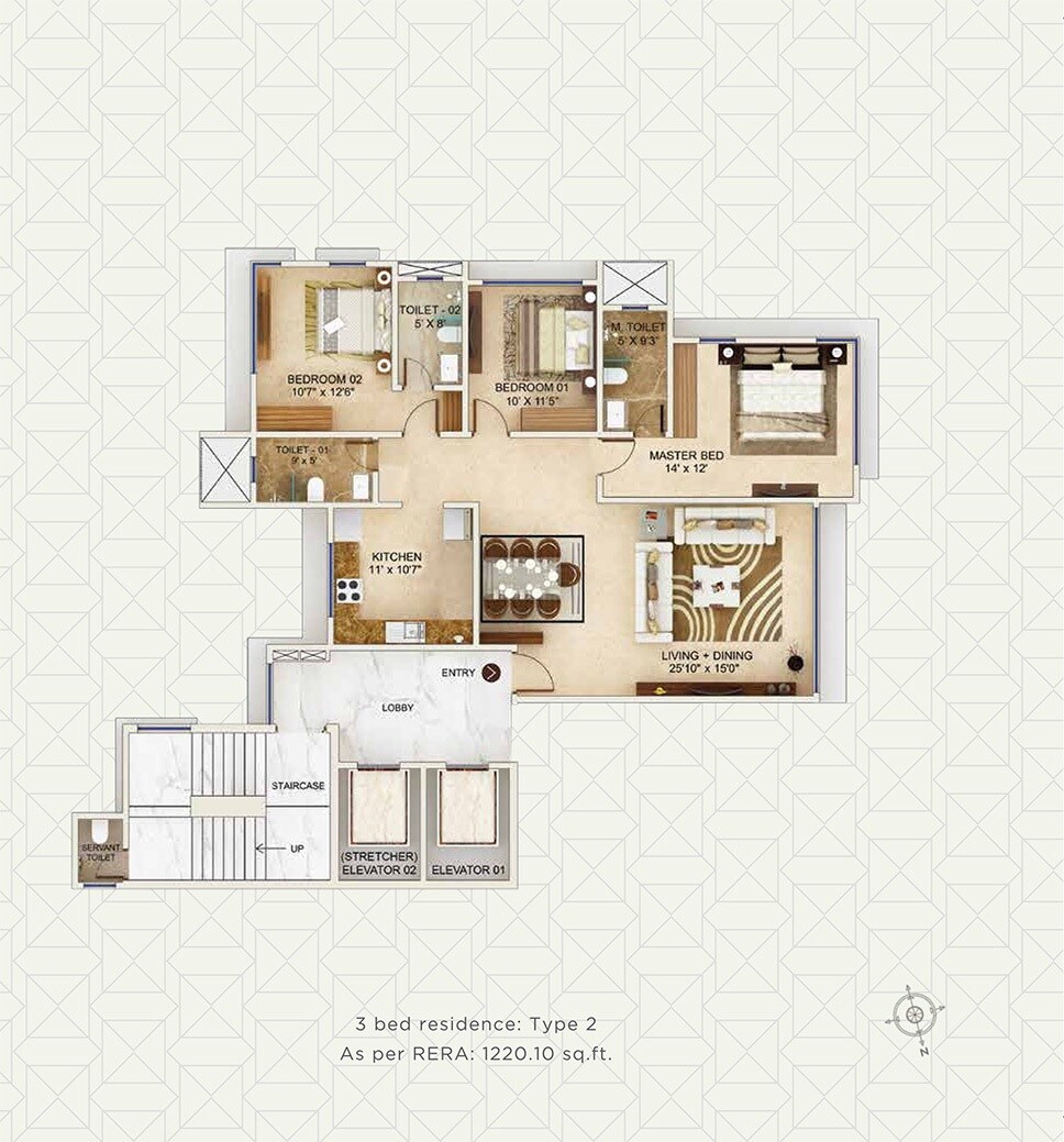 Floor plan of 3 BHK Apartment - 1220 sq. ft. in Man Aaradhya Signature, Mumbai