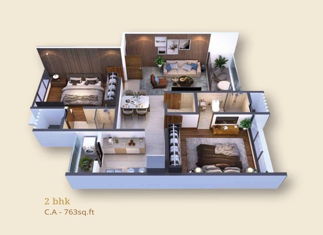 Floor plan of 2 BHK 763 Sq. Ft. Apartment in Mandor Bliss, Mumbai