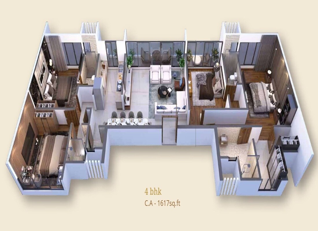 Floor plan of 4 BHK 1617 Sq. Ft. Apartment in Mandor Bliss, Mumbai