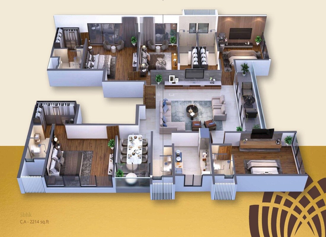Floor plan of 5 BHK 2214 Sq. Ft. Apartment in Mandor Bliss, Mumbai