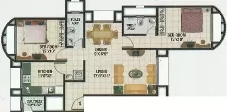 Floor plan of 2 BHK 1050 Sq. Ft. Apartment in Manek Smruti, Mumbai