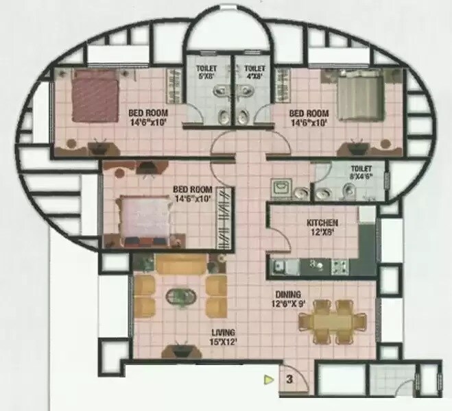 Floor plan of 3 BHK 1475 Sq. Ft. Apartment in Manek Smruti, Mumbai