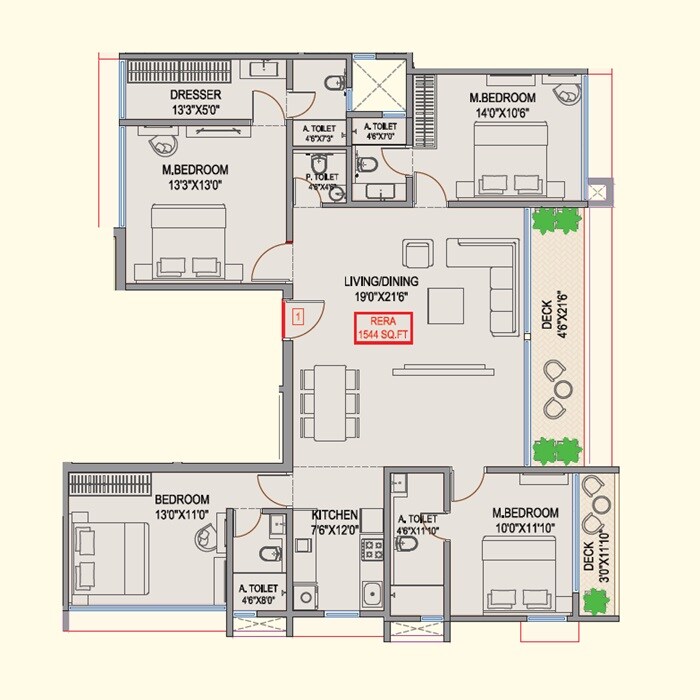 Floor plan of 4 BHK 1544 Sq. Ft. Apartment in Mangal Signature, Mumbai