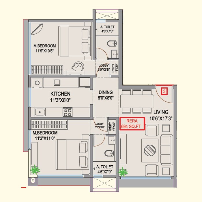 Floor plan of 2 BHK 724 Sq. Ft. Apartment in Mangal Signature, Mumbai