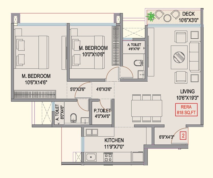 Floor plan of 2 BHK 818 Sq. Ft. Apartment in Mangal Signature, Mumbai