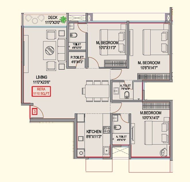 Floor plan of 3 BHK 1110 Sq. Ft. Apartment in Mangal Signature, Mumbai