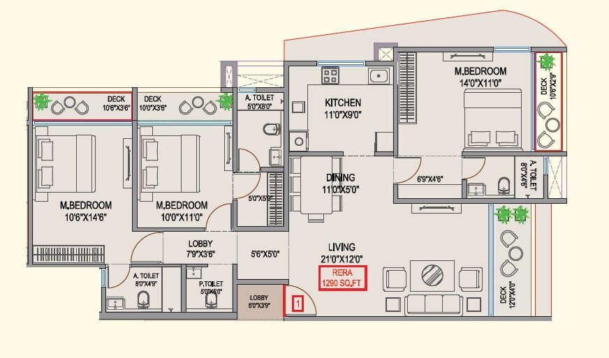 Floor plan of 3 BHK 1290 Sq. Ft. Apartment in Mangal Signature, Mumbai