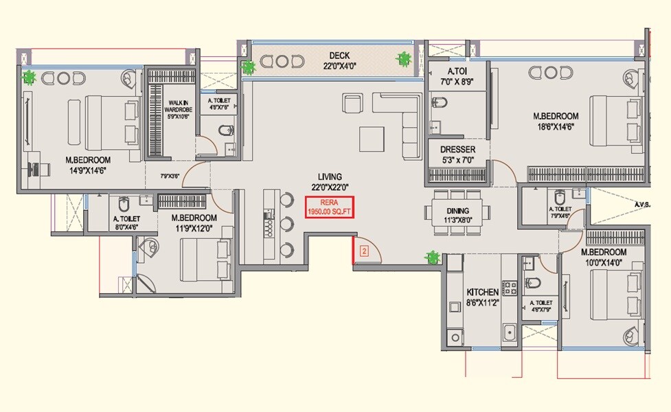 Floor plan of 4 BHK 1950 Sq. Ft. Apartment in Mangal Signature, Mumbai
