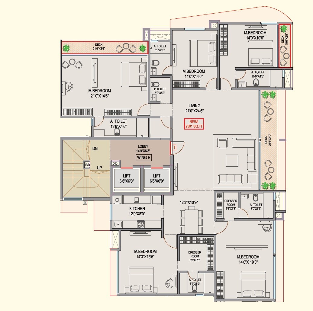 Floor plan of 5 BHK 2581 Sq. Ft. Apartment in Mangal Signature, Mumbai