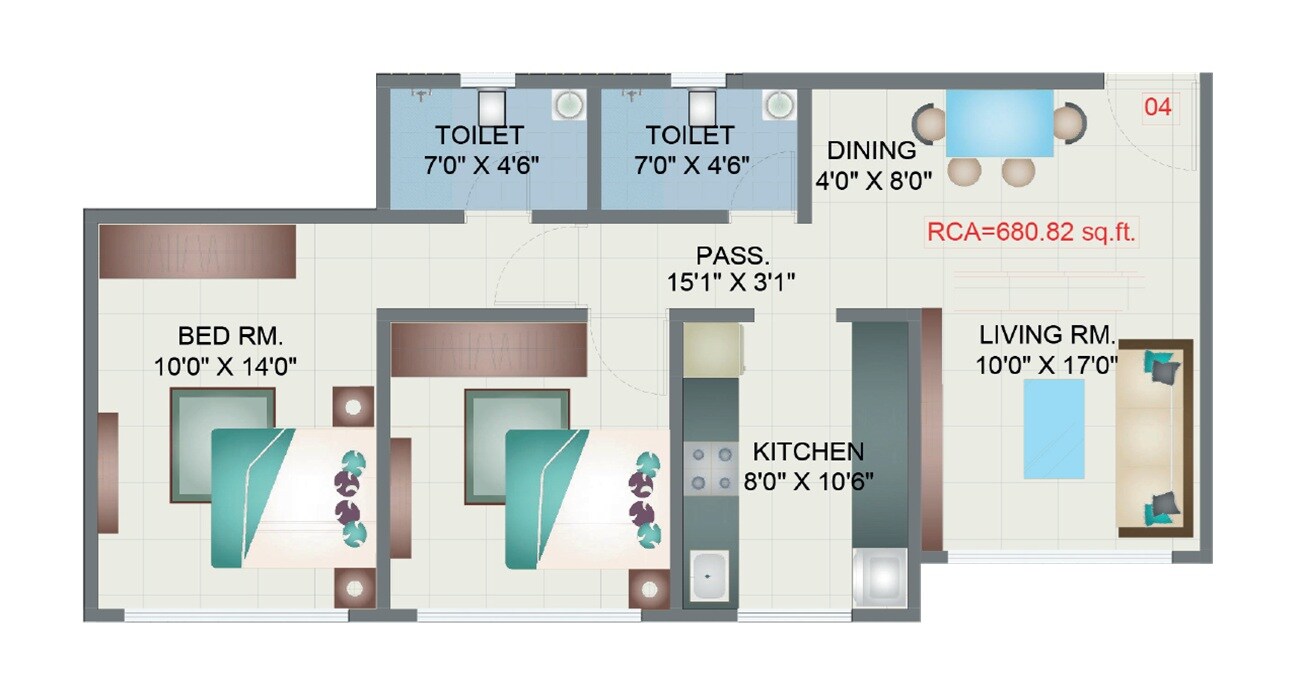 Floor plan of 2 BHK 681 Sq. Ft. Apartment in Manglam Rajanigandha, Mumbai